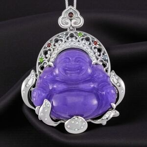 Purple Jade Carved 47.65 ctw Buddha Pendant Necklace in Rhodium Over Sterling